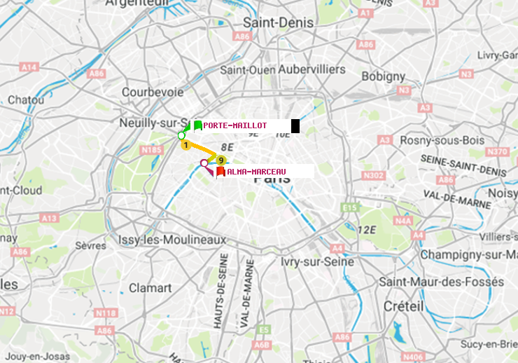 plan itinéraire ratp de Porte Maillot à Alma-Marceau