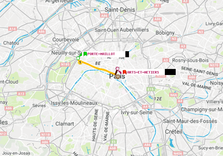 plan itinéraire ratp de Porte Maillot à Arts-et-Métiers