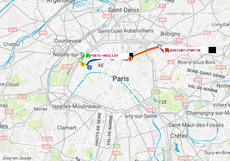 plan itinéraire ratp de Porte Maillot à Bobigny-Pantin (Raymond Queneau)