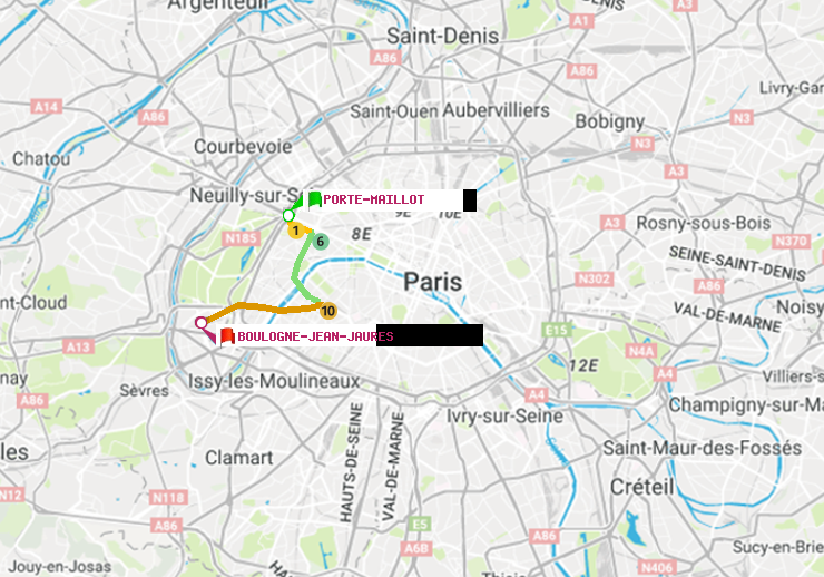 plan itinéraire ratp de Porte Maillot à Boulogne-Jean-Jaurès