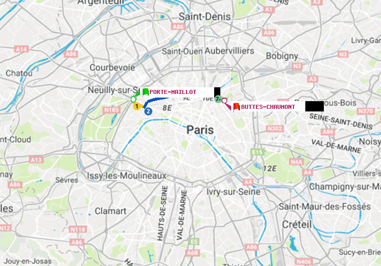 plan itinéraire ratp de Porte Maillot à Buttes-Chaumont