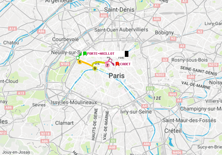 plan itinéraire ratp de Porte Maillot à Cadet