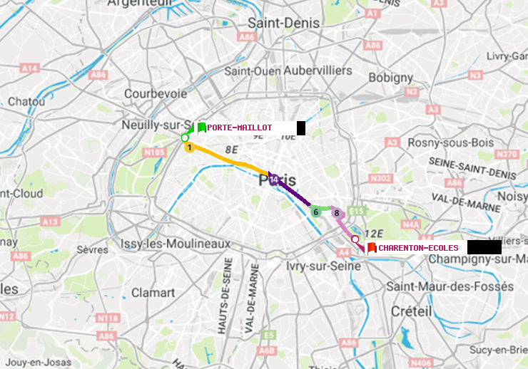 plan itinéraire ratp de Porte Maillot à Charenton-Ecoles