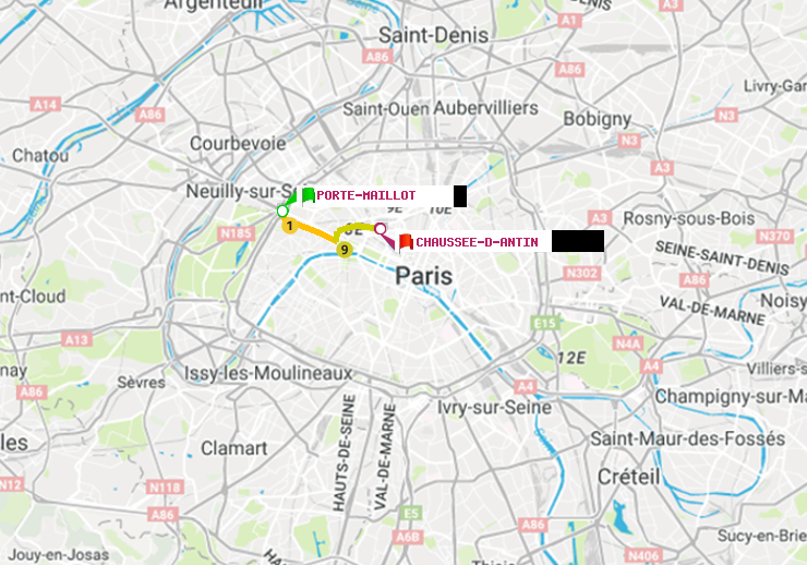 plan itinéraire ratp de Porte Maillot à Chaussée d
