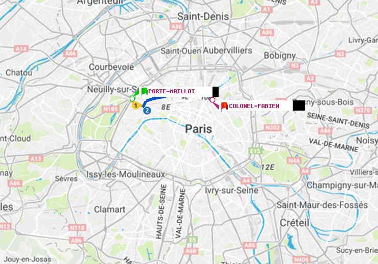 plan itinéraire ratp de Porte Maillot à Colonel Fabien