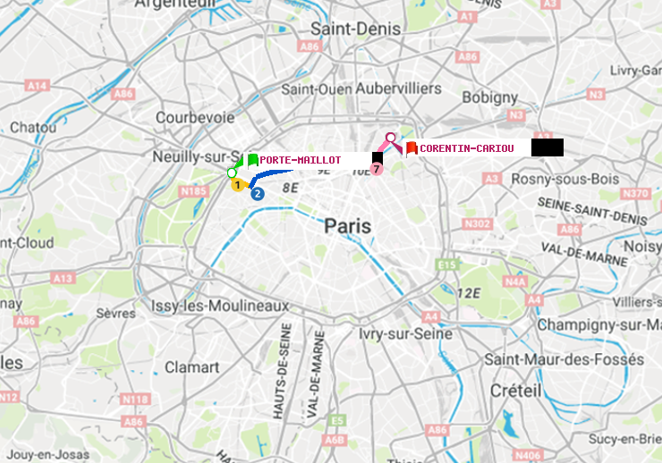 plan itinéraire ratp de Porte Maillot à Corentin-Cariou