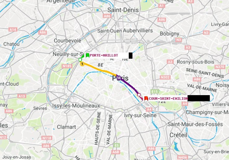 plan itinéraire ratp de Porte Maillot à Cour Saint-Emilion
