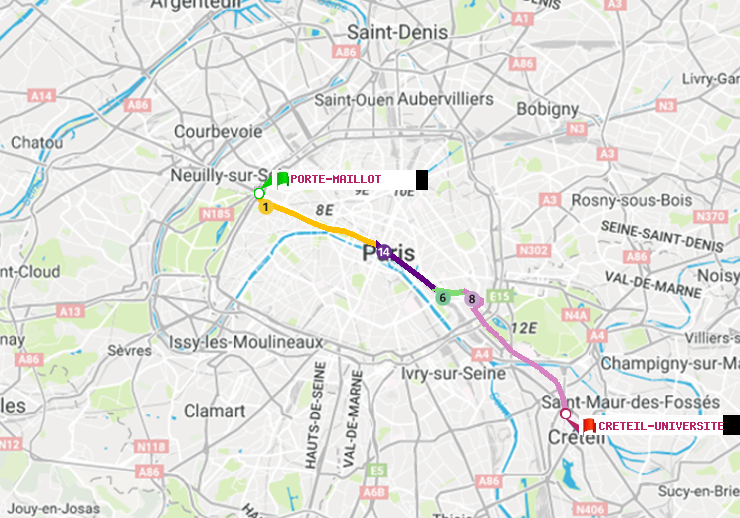 plan itinéraire ratp de Porte Maillot à Créteil-Université