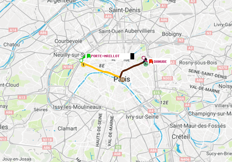 plan itinéraire ratp de Porte Maillot à Danube