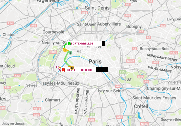 plan itinéraire ratp de Porte Maillot à Eglise d