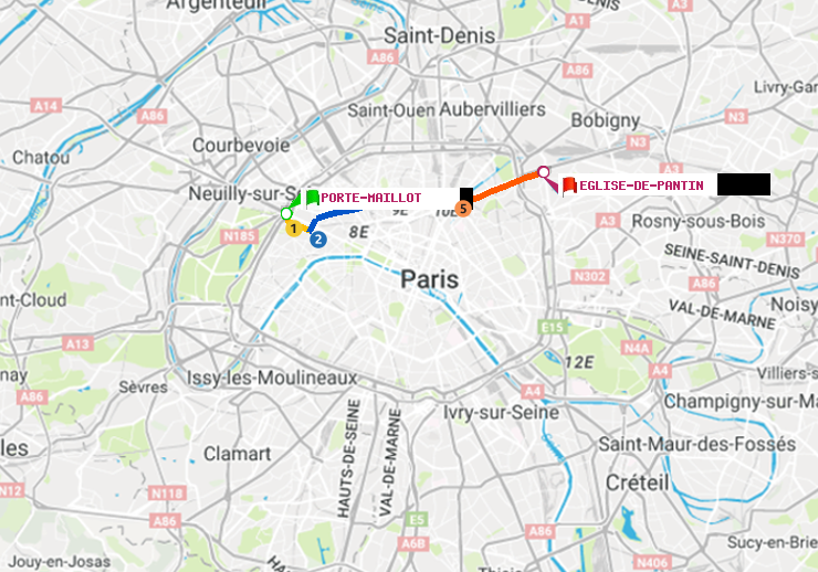 plan itinéraire ratp de Porte Maillot à Eglise de Pantin