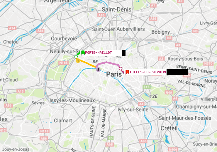 plan itinéraire ratp de Porte Maillot à Filles du Calvaire