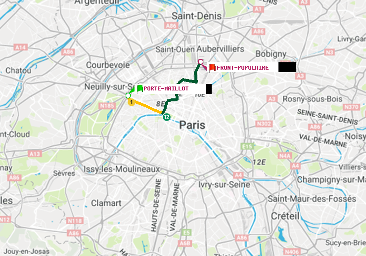 plan itinéraire ratp de Porte Maillot à Front Populaire