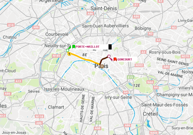 plan itinéraire ratp de Porte Maillot à Goncourt (Hôpital Saint-Louis)