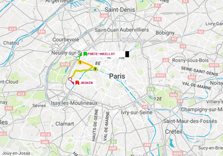 plan itinéraire ratp de Porte Maillot à Jasmin