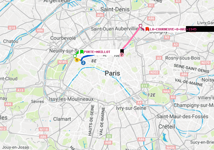 plan itinéraire ratp de Porte Maillot à La Courneuve-8-Mai-1945