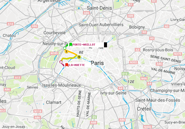 plan itinéraire ratp de Porte Maillot à La Muette