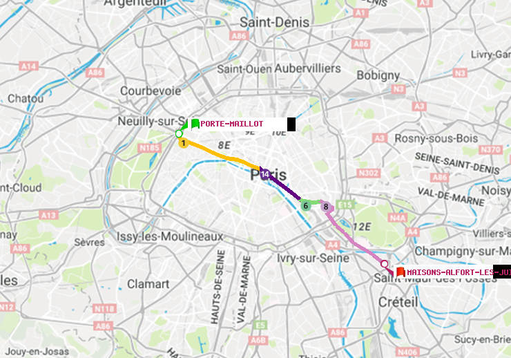plan itinéraire ratp de Porte Maillot à Maisons-Alfort-Les Juilliottes