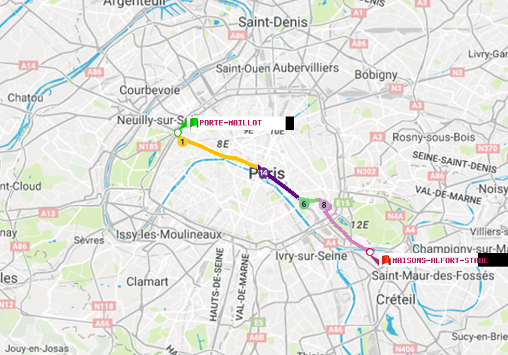 plan itinéraire ratp de Porte Maillot à Maisons-Alfort-Stade