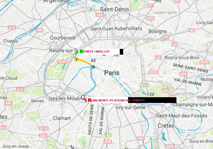 plan itinéraire ratp de Porte Maillot à Malakoff-Plateau de Vanves