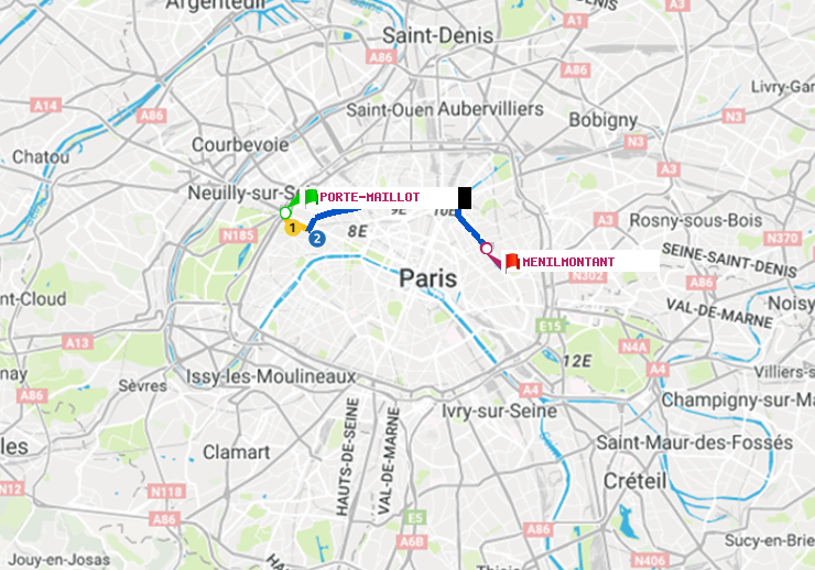 plan itinéraire ratp de Porte Maillot à Ménilmontant