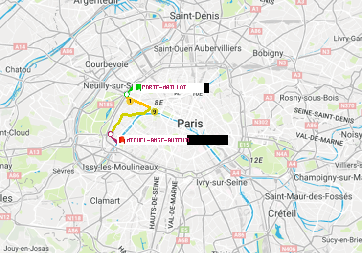 plan itinéraire ratp de Porte Maillot à Michel-Ange-Auteuil