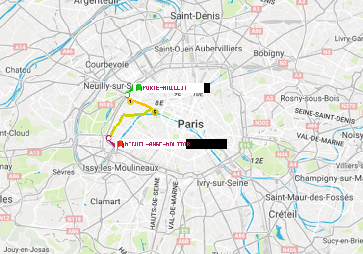 plan itinéraire ratp de Porte Maillot à Michel-Ange-Molitor