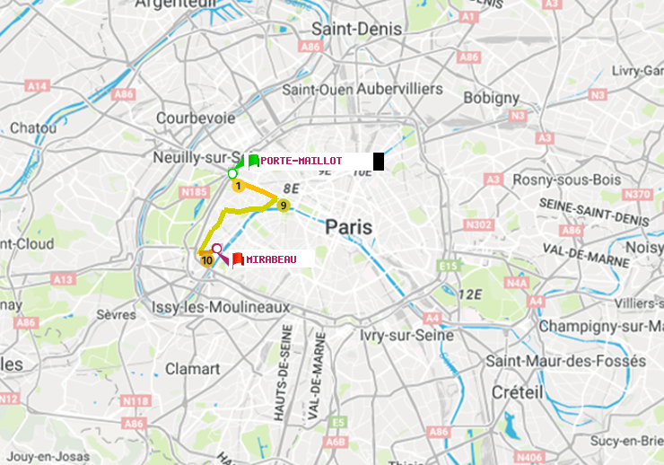 plan itinéraire ratp de Porte Maillot à Mirabeau