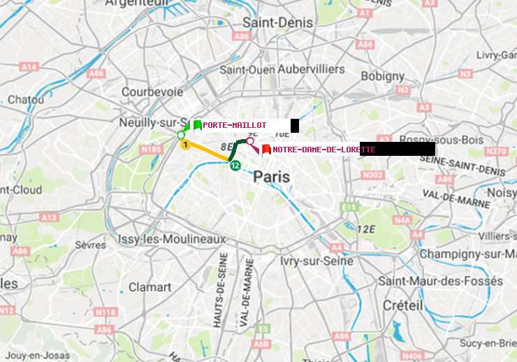 plan itinéraire ratp de Porte Maillot à Notre-Dame de Lorette