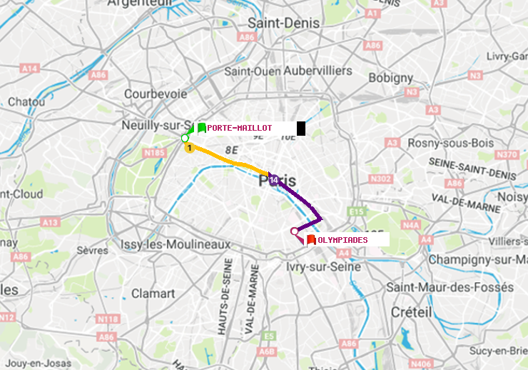 plan itinéraire ratp de Porte Maillot à Olympiades