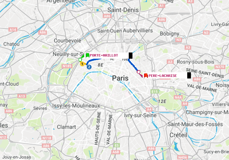 plan itinéraire ratp de Porte Maillot à Père-Lachaise