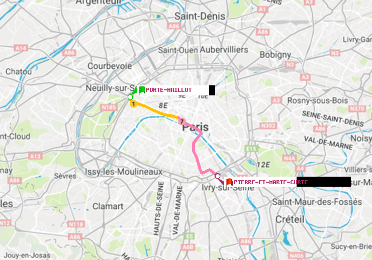 plan itinéraire ratp de Porte Maillot à Pierre et Marie Curie