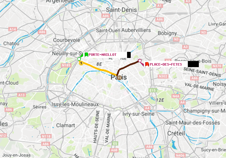 plan itinéraire ratp de Porte Maillot à Place des Fêtes