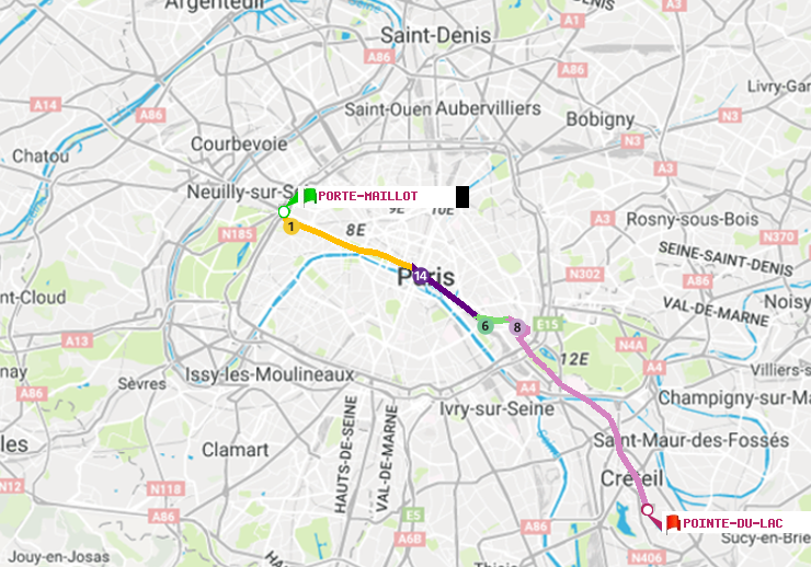 plan itinéraire ratp de Porte Maillot à Pointe du Lac