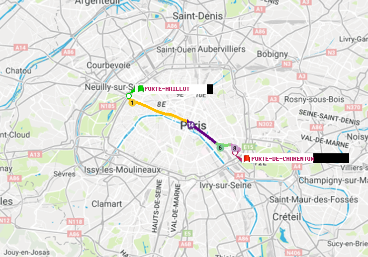 plan itinéraire ratp de Porte Maillot à Porte de Charenton