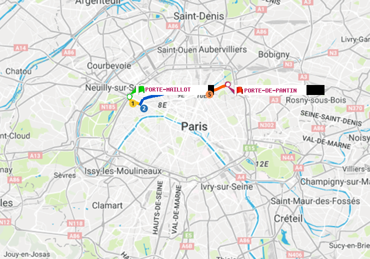 plan itinéraire ratp de Porte Maillot à Porte de Pantin