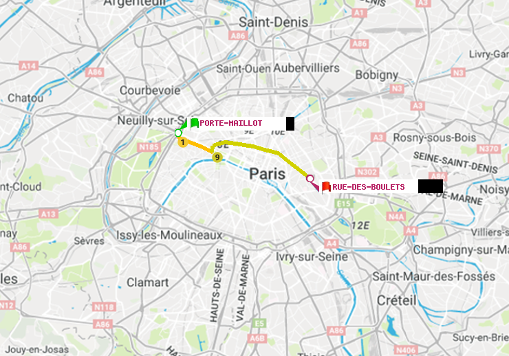 plan itinéraire ratp de Porte Maillot à Rue des Boulets
