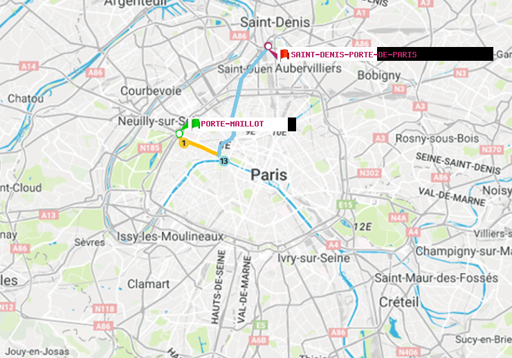 plan itinéraire ratp de Porte Maillot à Saint-Denis-Porte de Paris