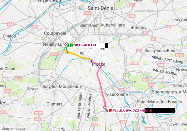plan itinéraire ratp de Porte Maillot à Villejuif-Louis Aragon