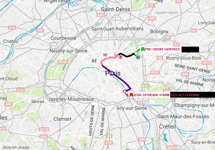 plan itinéraire ratp de Pré-Saint-Gervais à Bibliotheque-Francois Mitterrand