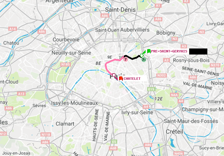 plan itinéraire ratp de Pré-Saint-Gervais à Châtelet