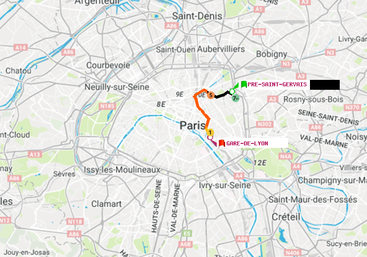 plan itinéraire ratp de Pré-Saint-Gervais à Gare de Lyon