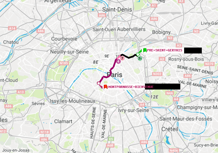 plan itinéraire ratp de Pré-Saint-Gervais à Montparnasse-Bienvenue