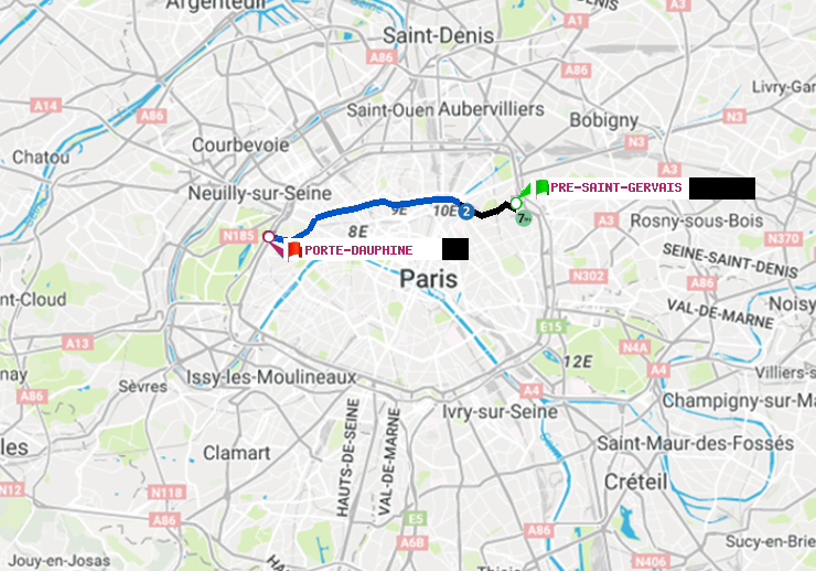 plan itinéraire ratp de Pré-Saint-Gervais à Porte Dauphine (Maréchal de Lattre de Tassigny)