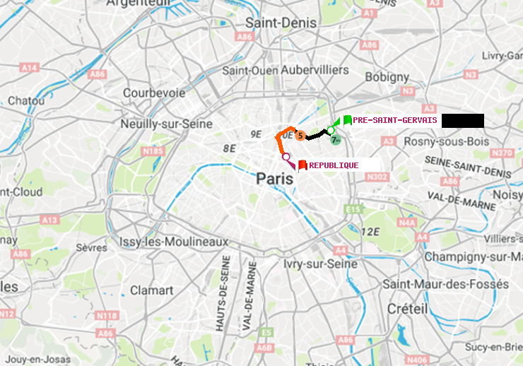 plan itinéraire ratp de Pré-Saint-Gervais à République