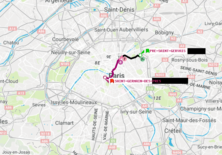 plan itinéraire ratp de Pré-Saint-Gervais à Saint-Germain des Prés