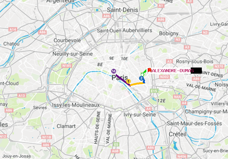 plan itinéraire ratp de Pyramides à Alexandre-Dumas