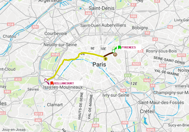 plan itinéraire ratp de Pyrenees à Billancourt