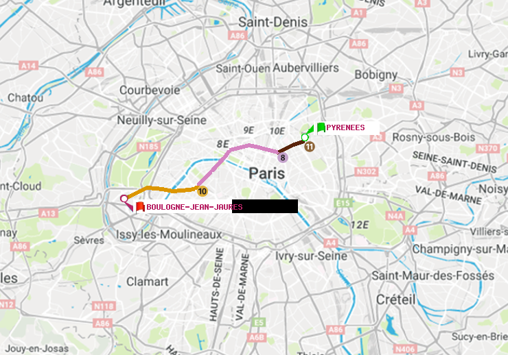 plan itinéraire ratp de Pyrenees à Boulogne-Jean-Jaurès