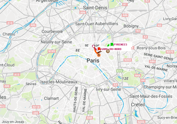 plan itinéraire ratp de Pyrenees à Gare du Nord